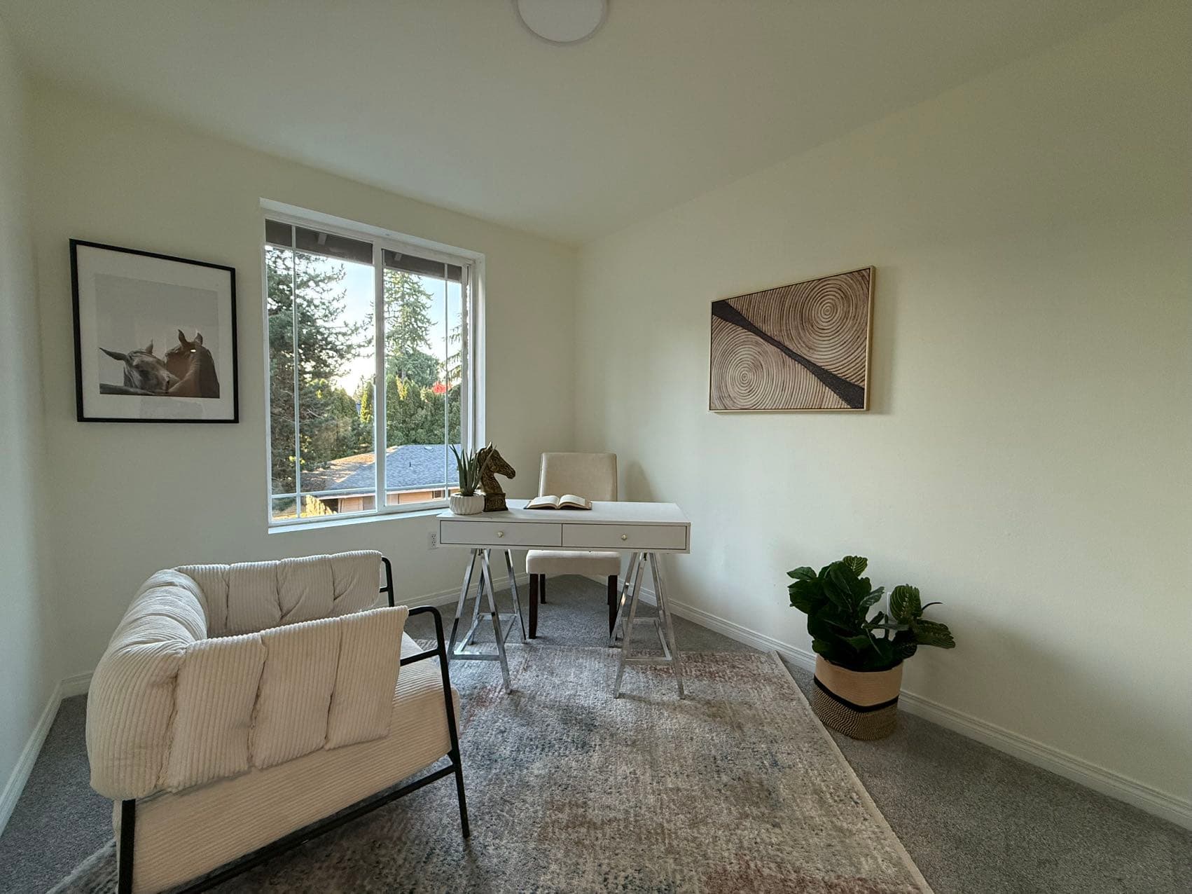 Home Office — White Trestle Desk & Cream Armchair