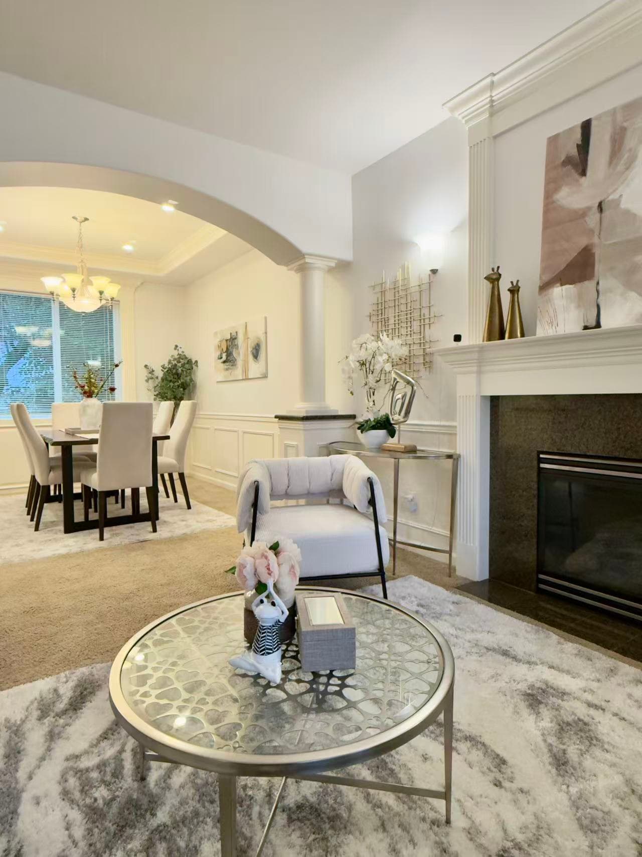 Living Room — Fireplace View with Arch to Dining Room
