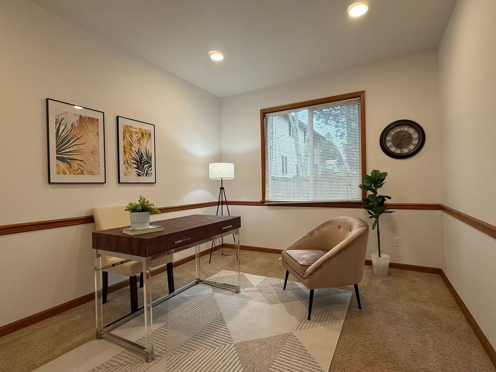 Home Office — Dark Wood Desk & Botanical Art