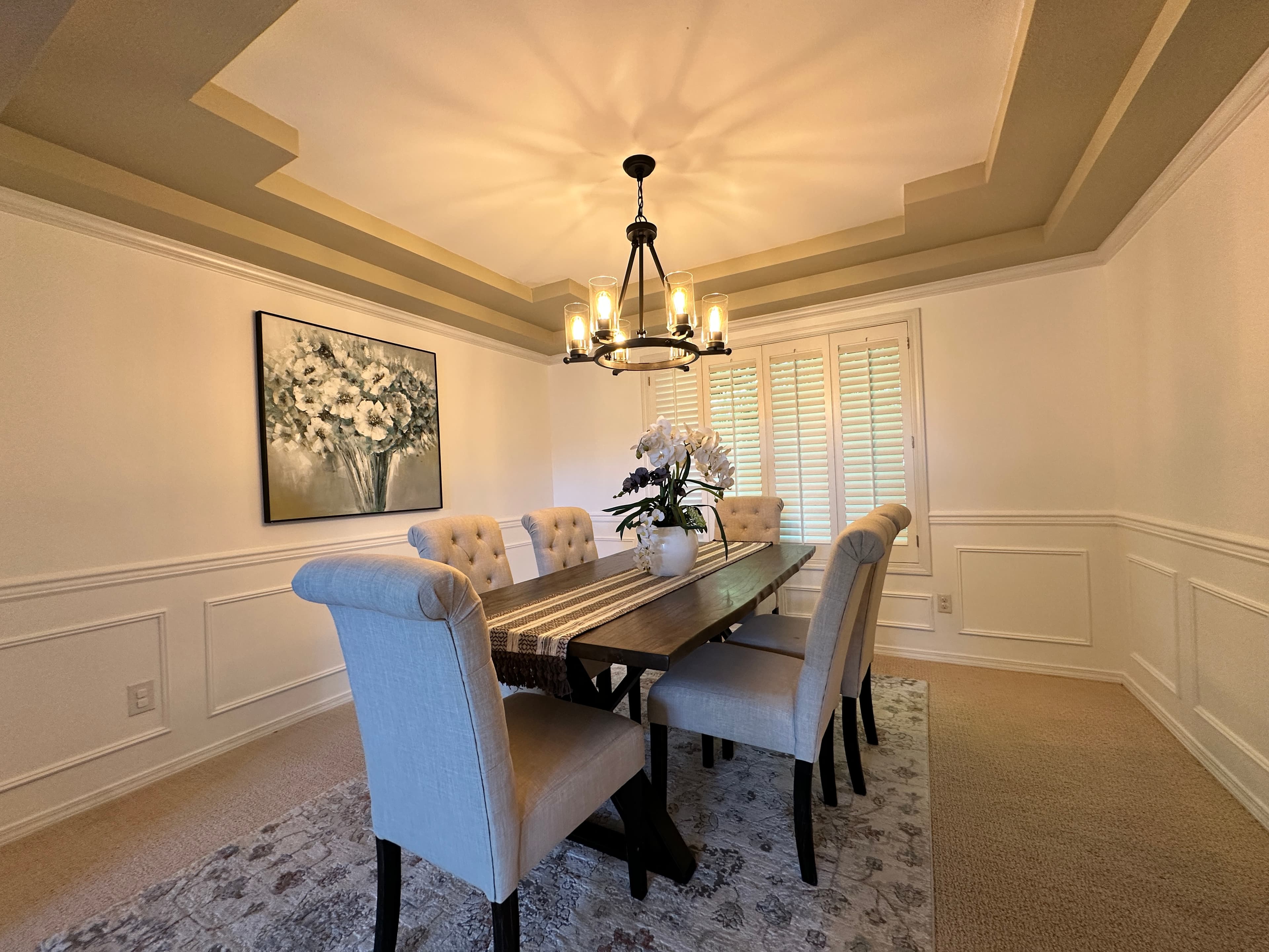 Dining Room — Dark Trestle Table, Cream Nailhead Chairs & Tray Ceiling Chandelier