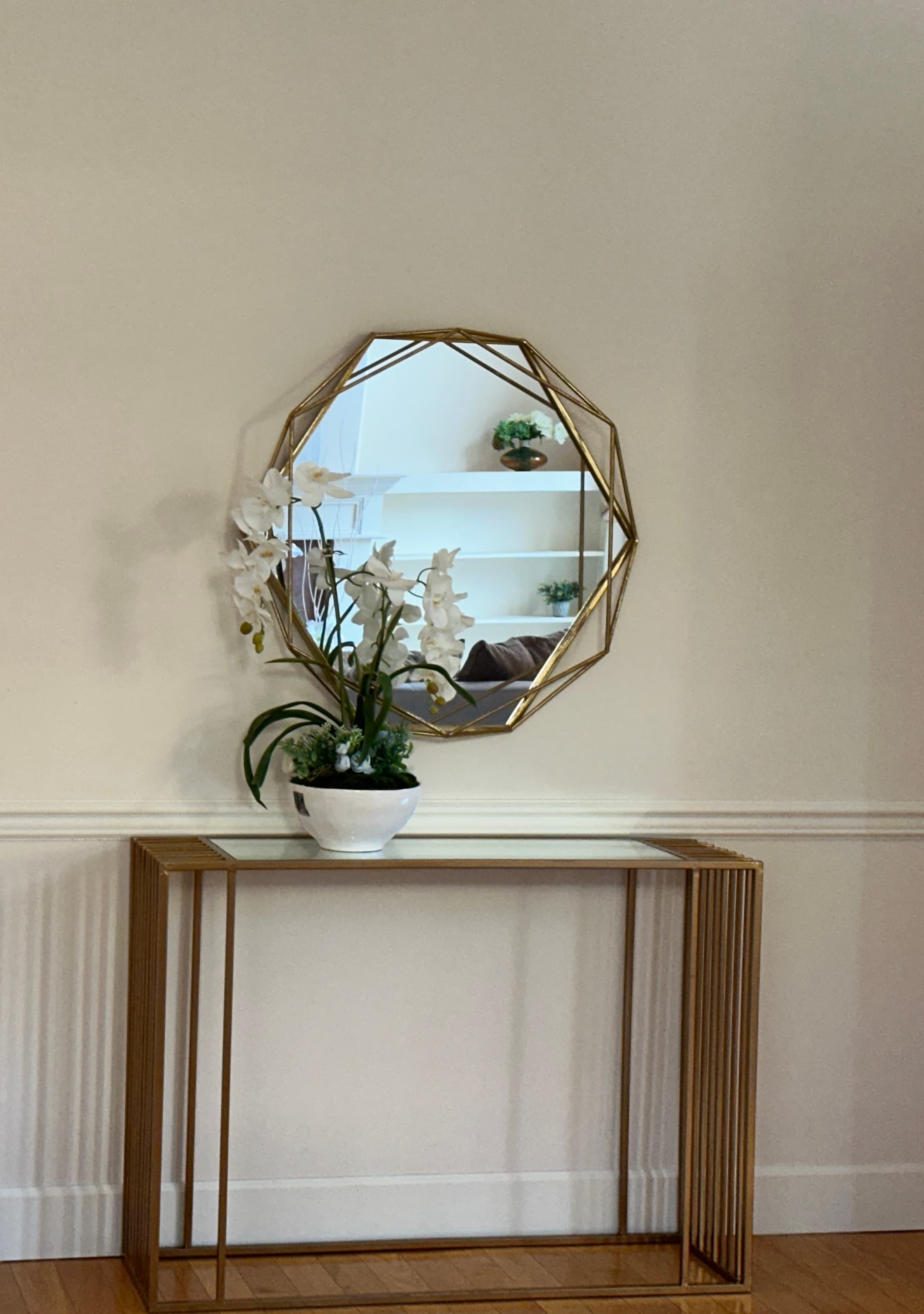 Entryway — Gold Geometric Mirror & Glass Console Table