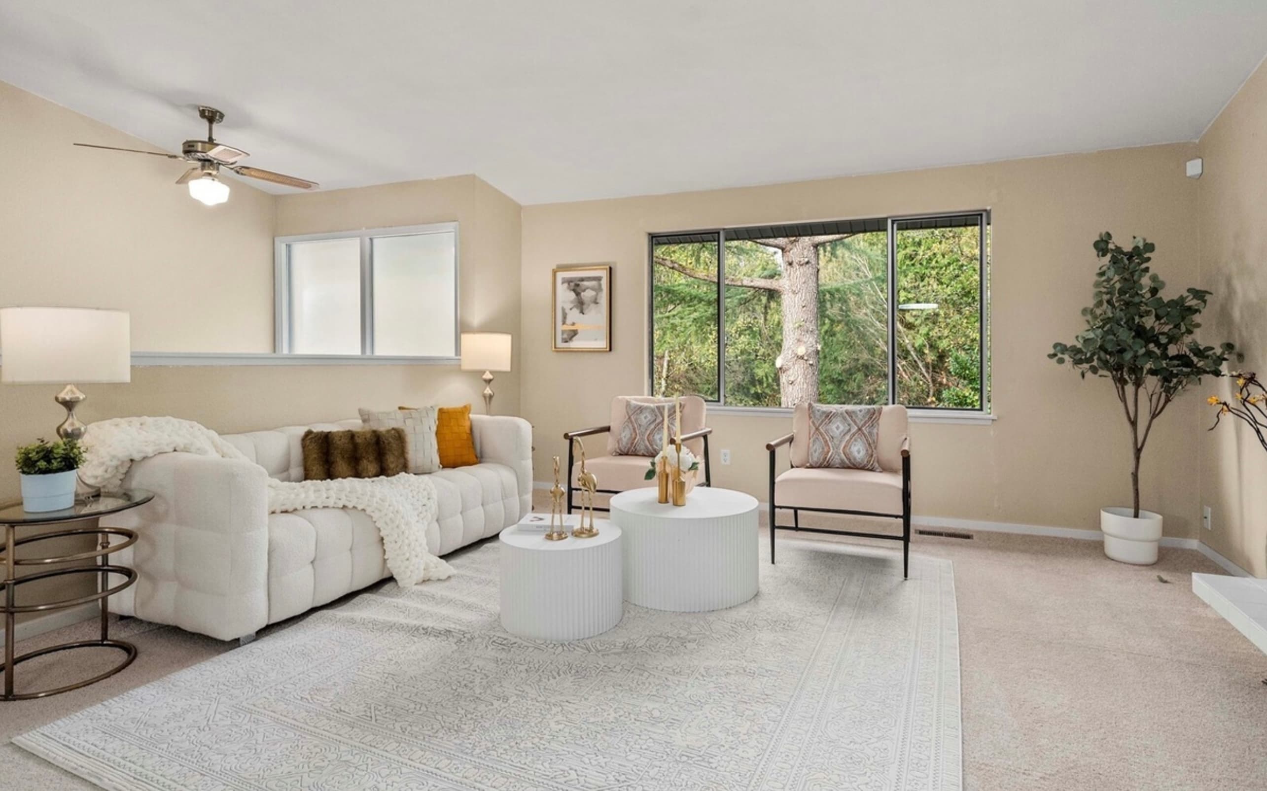 Living Room — Wide View with Forest Windows & Ceiling Fan