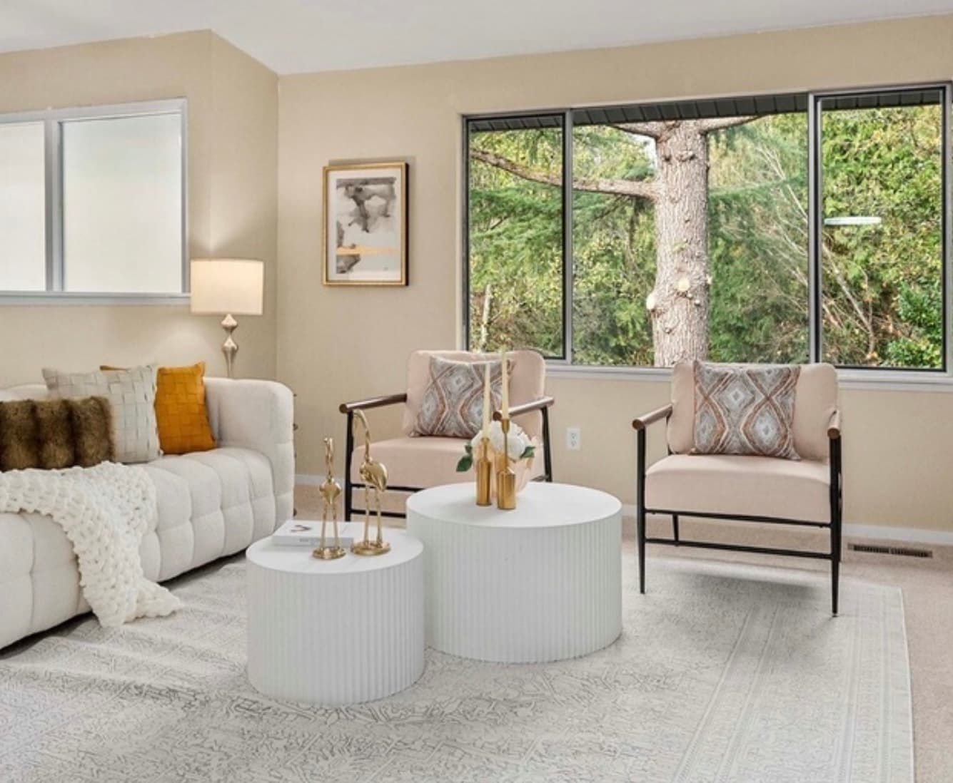 Living Room — White Tufted Sofa, Accent Chairs & White Ribbed Coffee Tables
