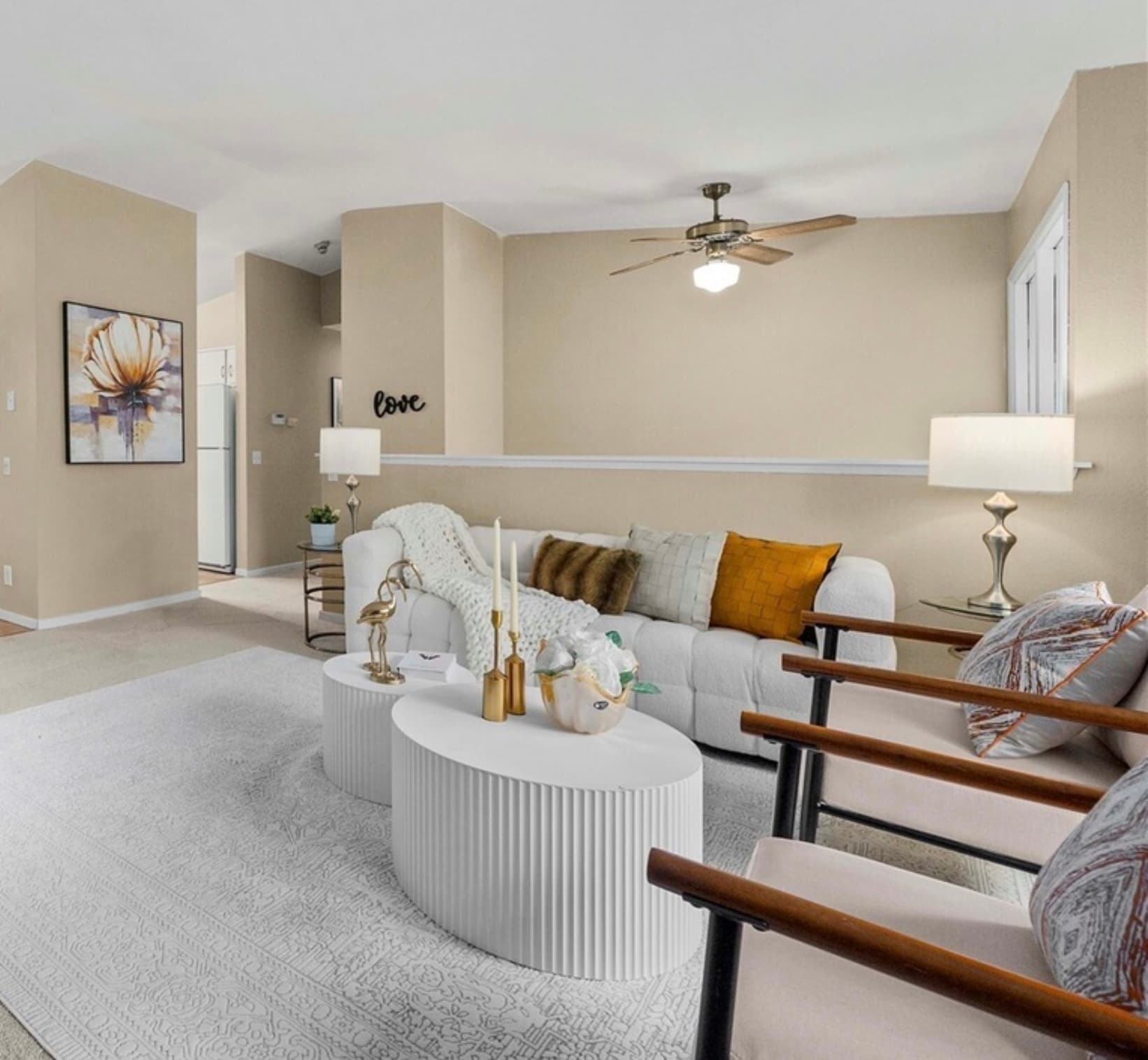 Living Room — Sofa & Coffee Table View Toward Kitchen