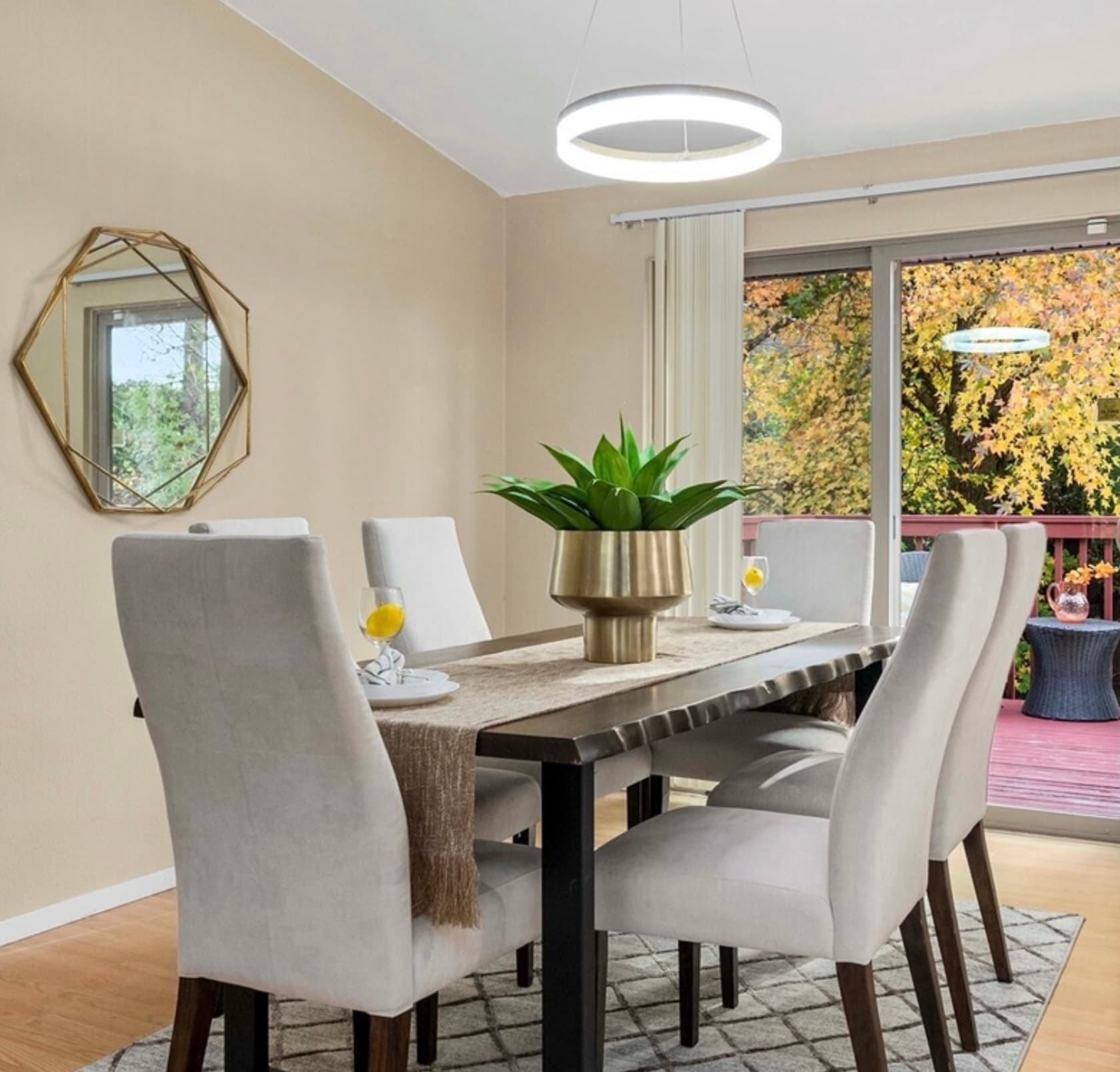 Dining Room — Live-Edge Table, Gray Chairs & Gold Ring Pendant