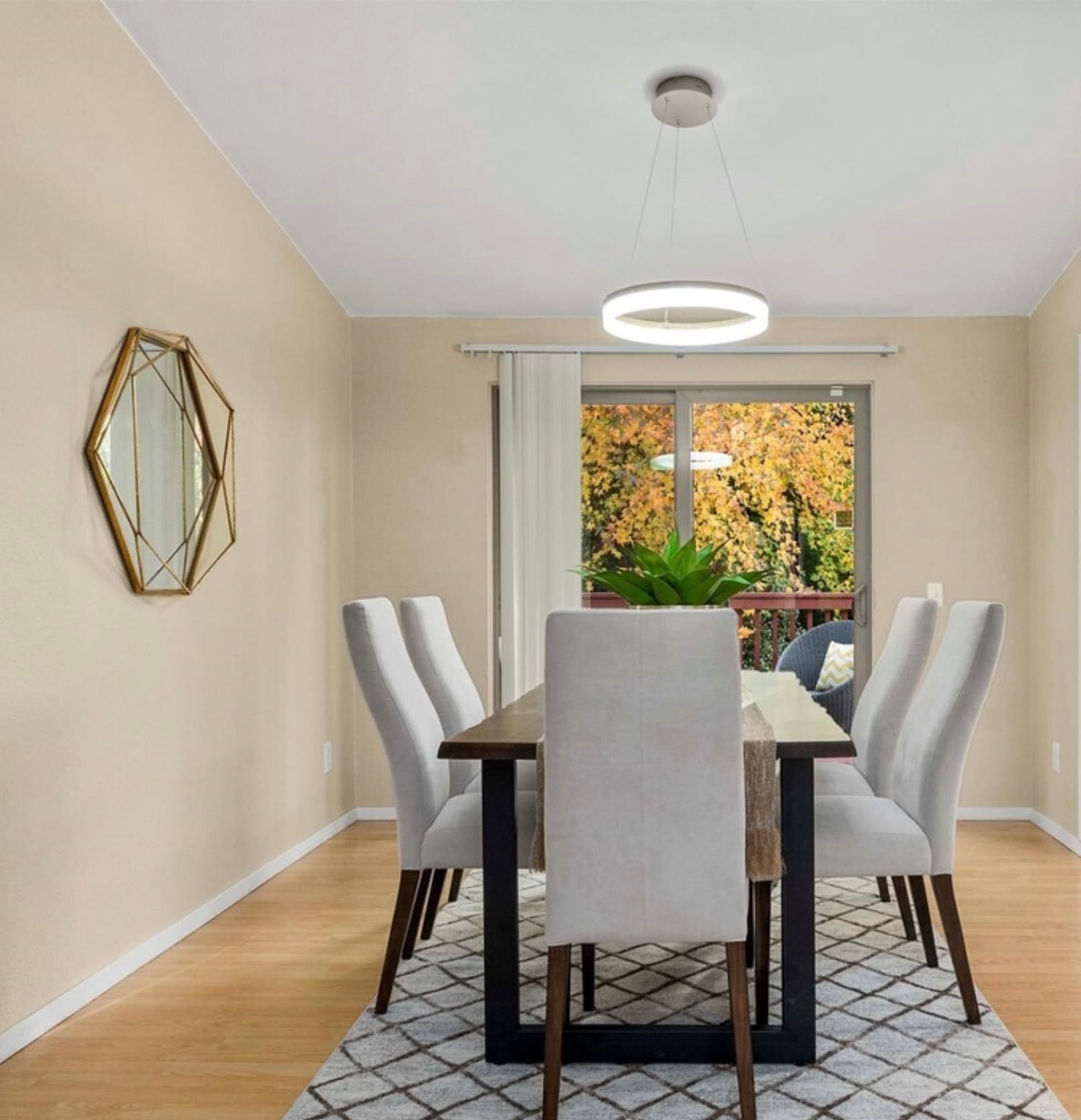 Dining Room — Full View with Gold Mirror & Fall Foliage Through Door