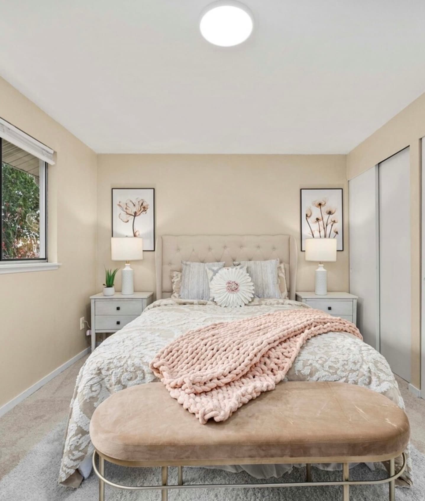 Primary Bedroom — Wide Shot with Matching Botanical Art & Closet