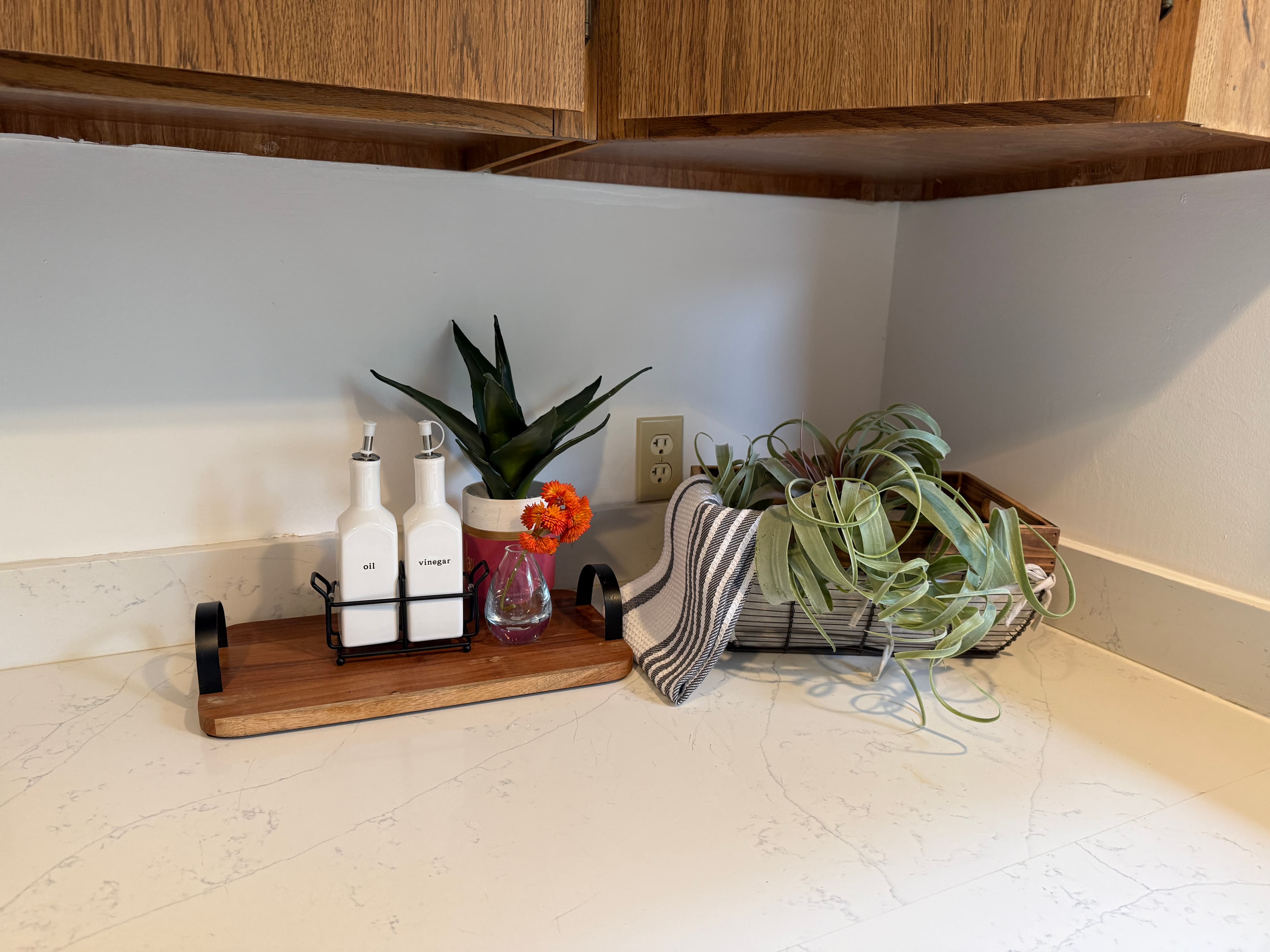 Kitchen — Counter Vignette with Oil & Vinegar Set, Plants & Flowers
