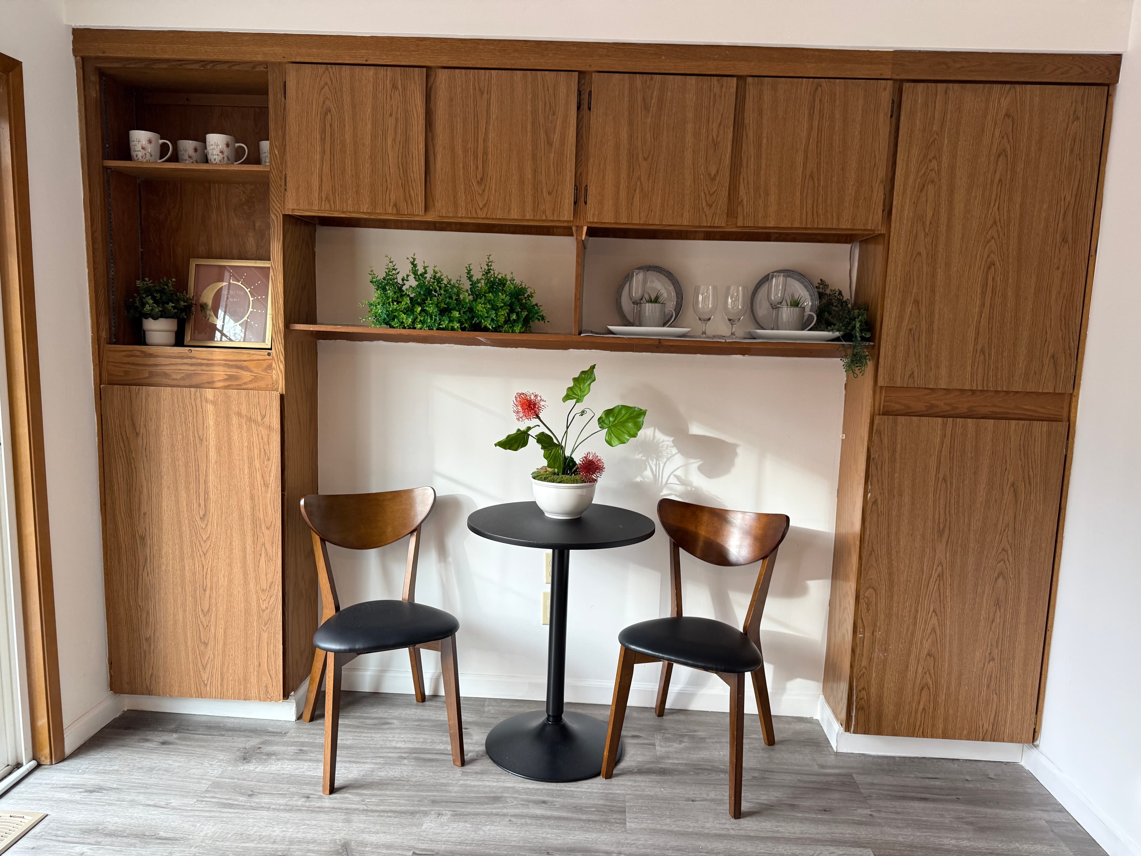 Dining Room — Built-in Wood Nook with Bistro Table & Walnut Chairs