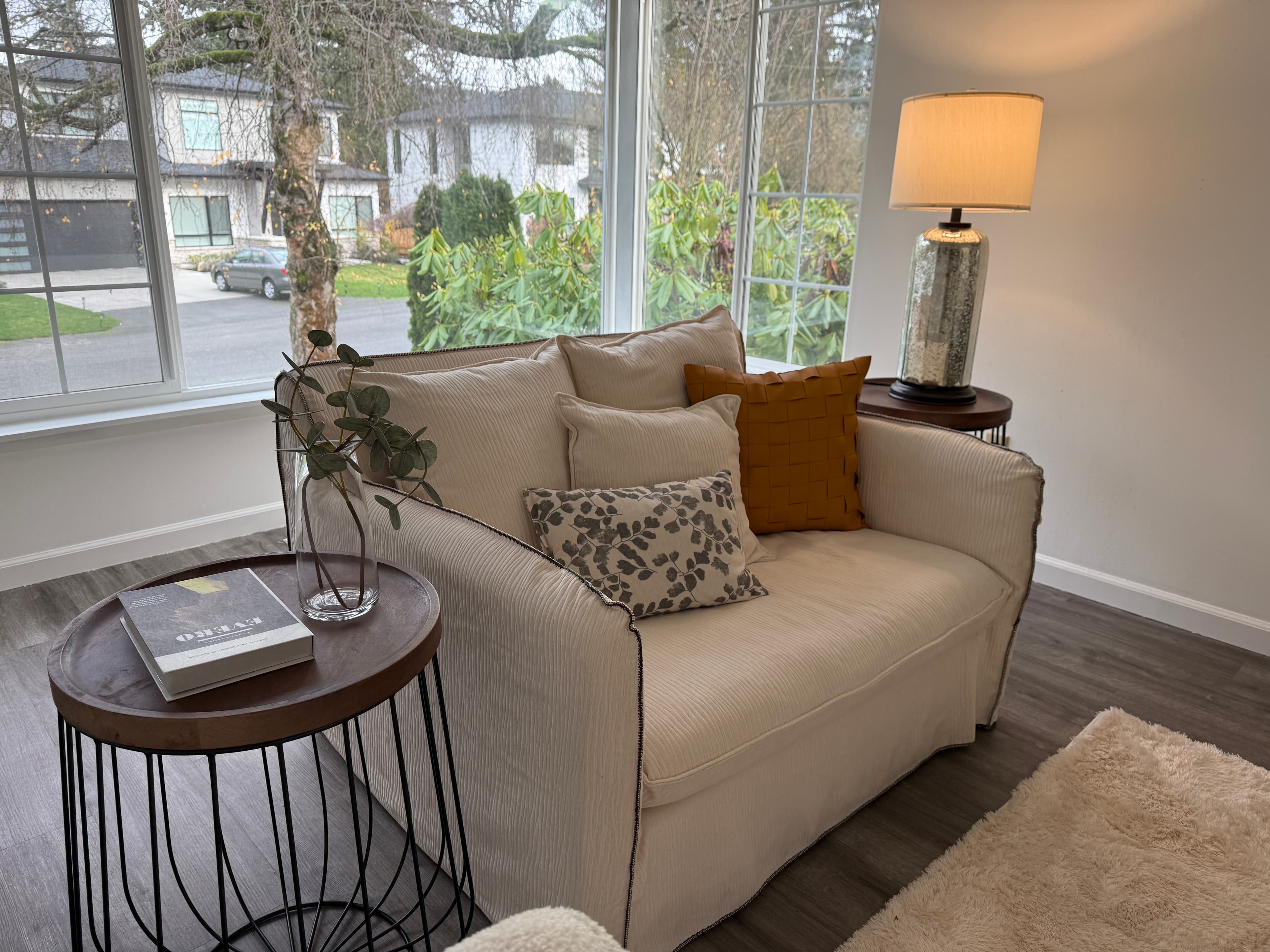 Living Room — Cream Corduroy Loveseat, Mustard Pillow & Wire Side Table