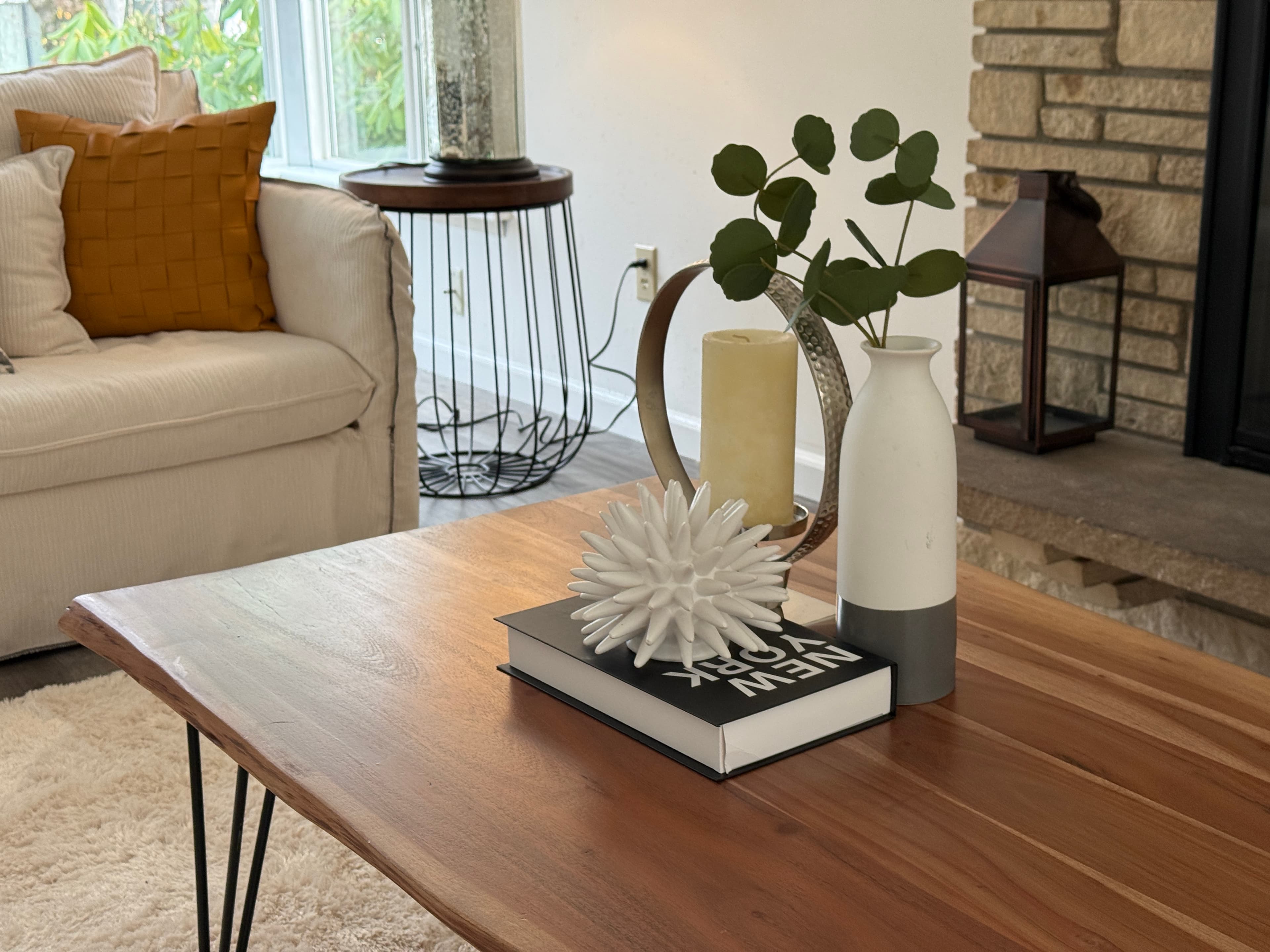 Living Room — Coffee Table Vignette with Sea Urchin & Stone Fireplace