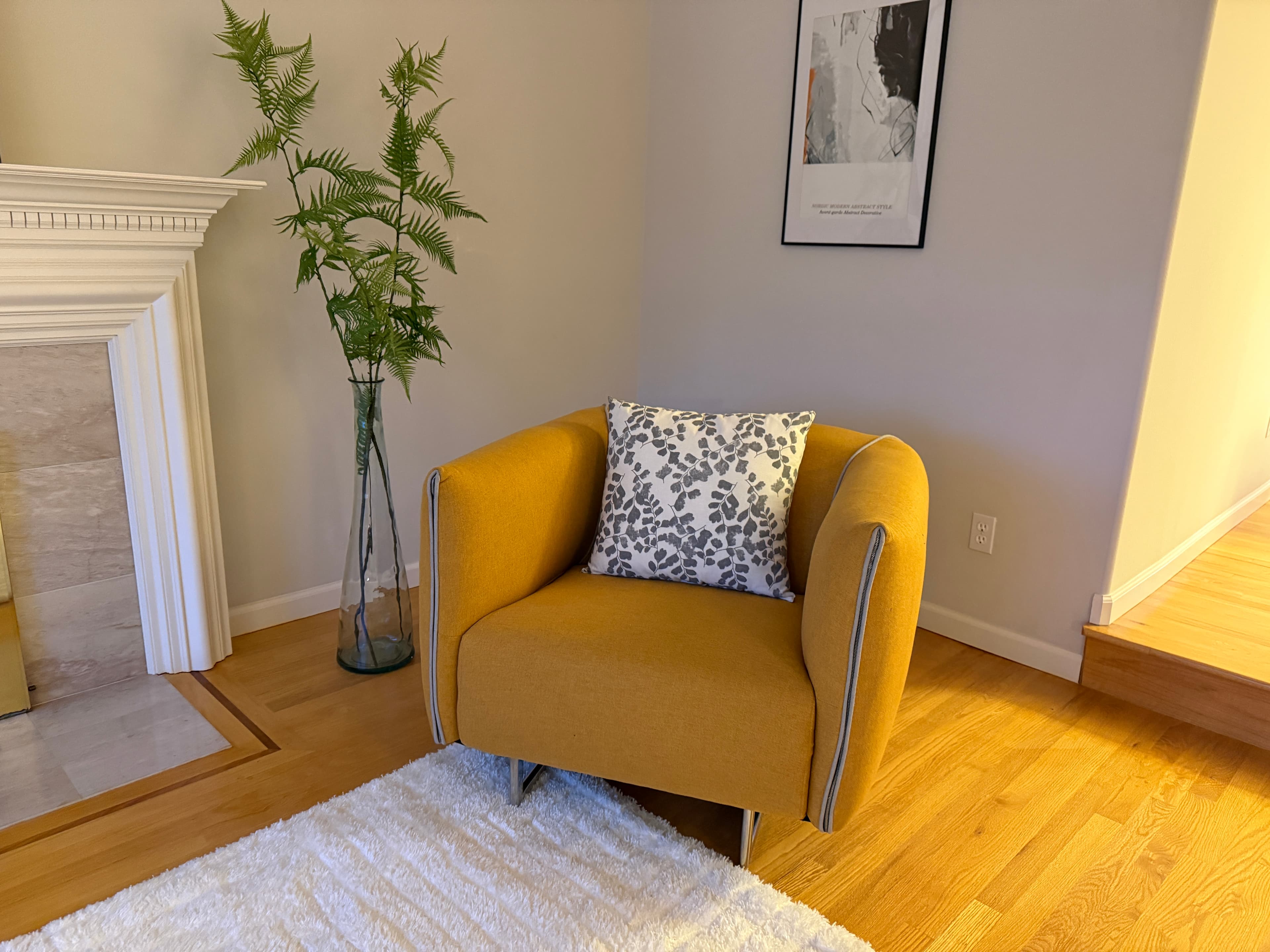 Living Room — Mustard Accent Chair & Fireplace