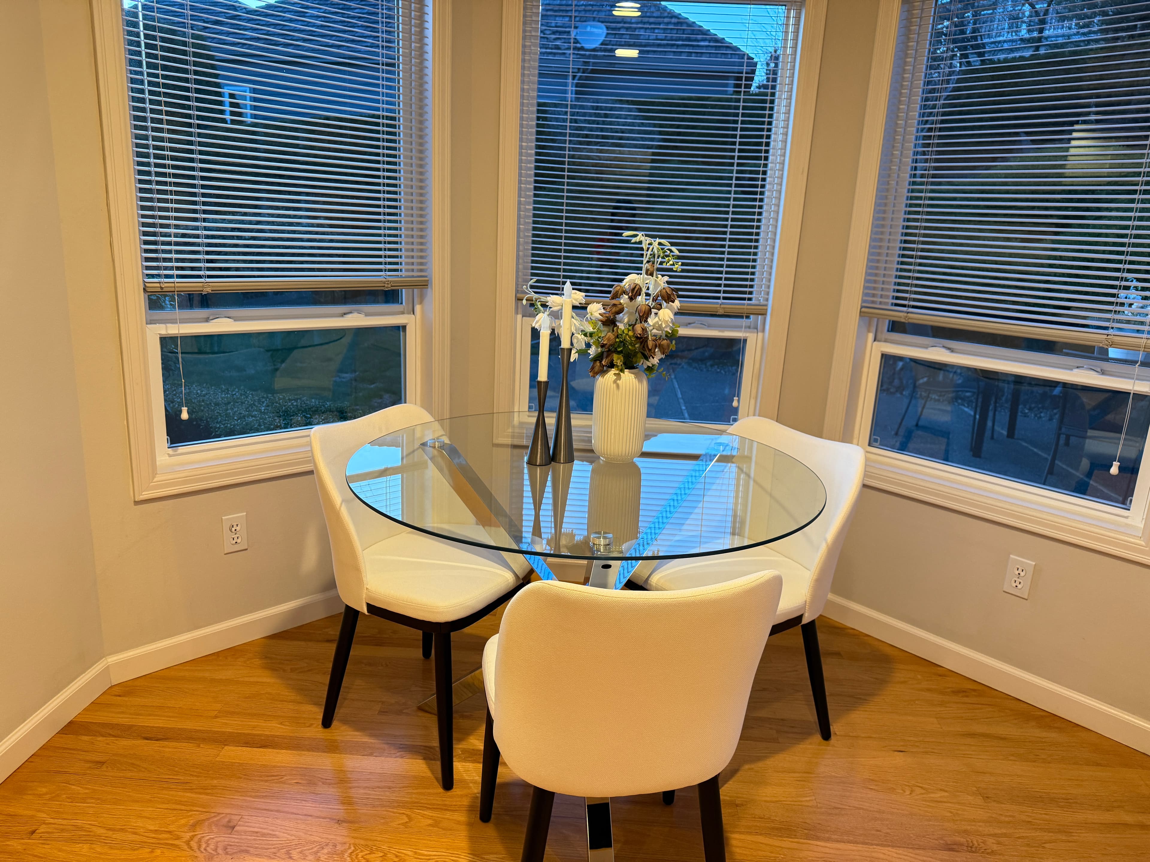 Dining Room — Glass Round Table & Bay Window
