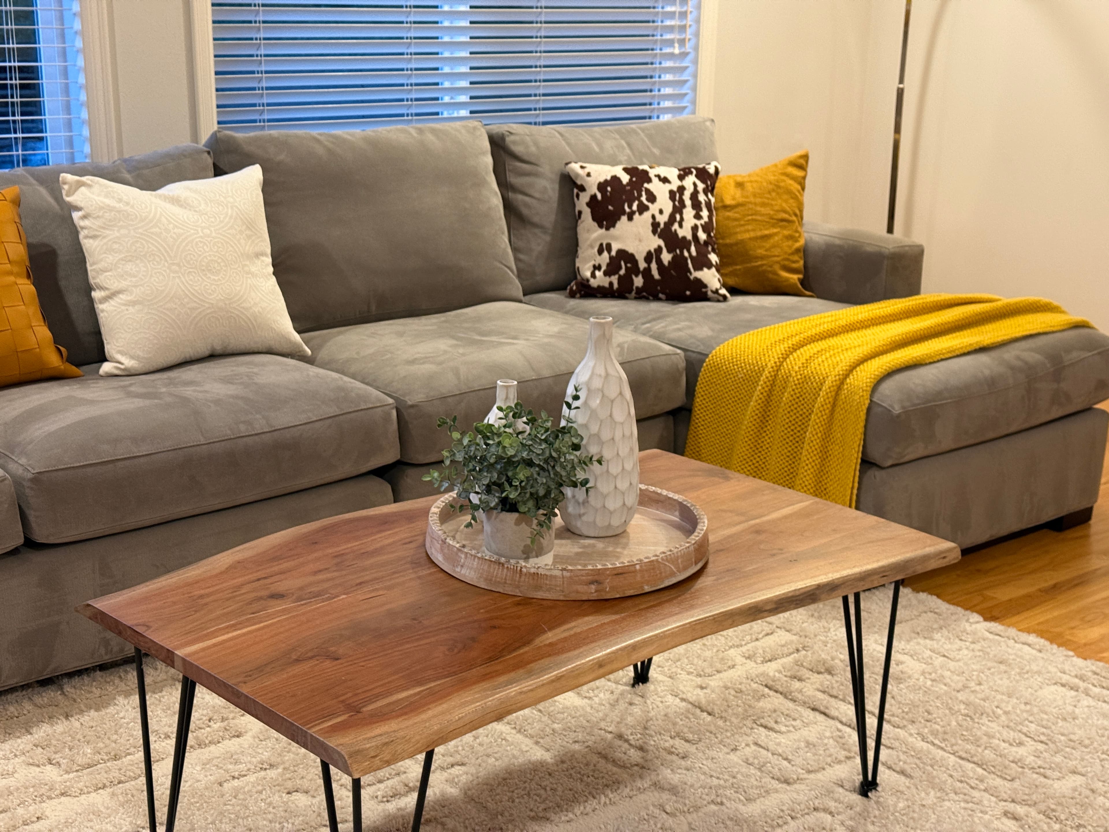 Living Room — Gray Sectional & Live Edge Coffee Table