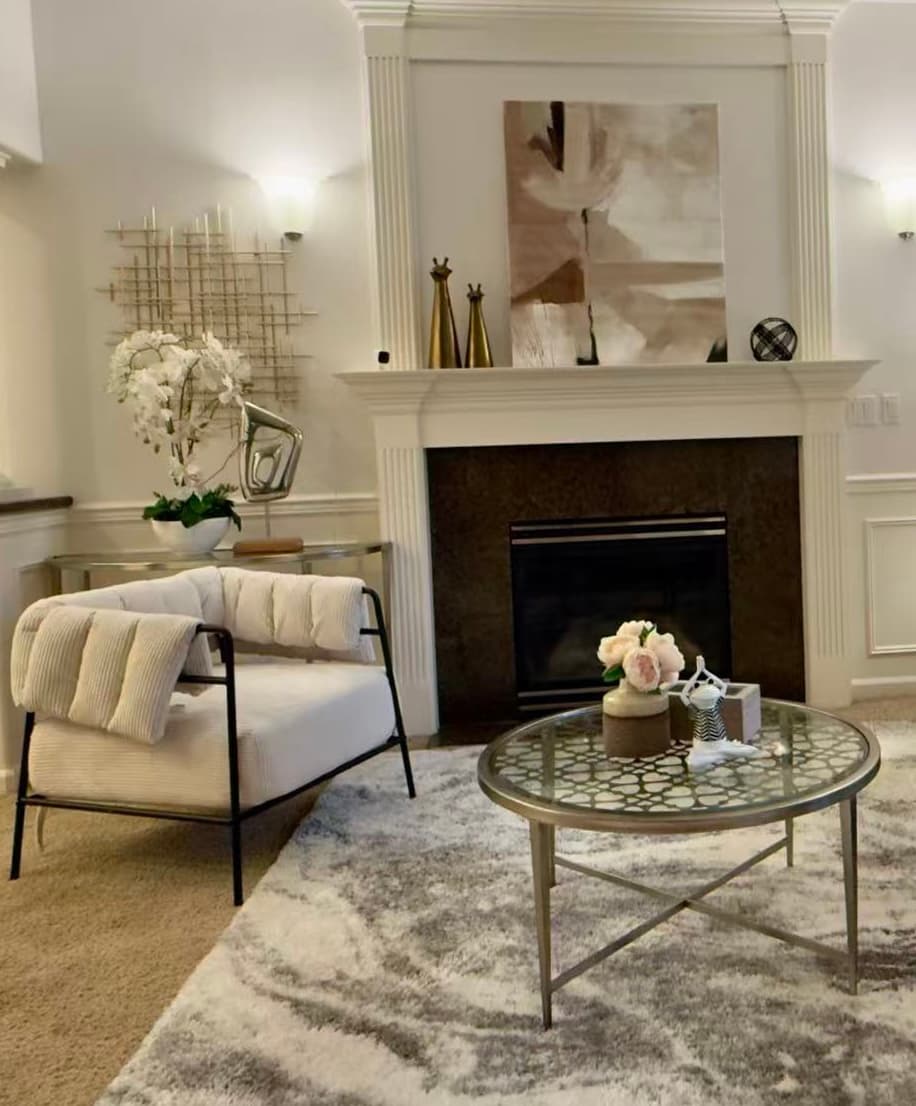 Living Room — Fireplace & Lattice Coffee Table Detail