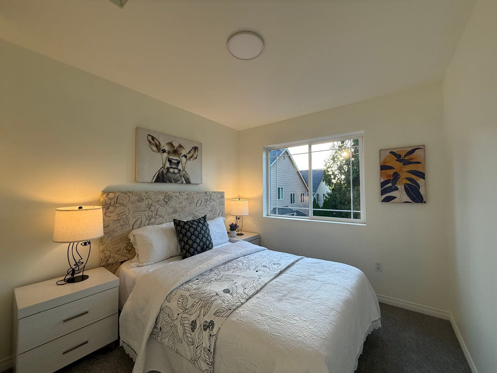 Guest Bedroom — Patterned Headboard & Botanical Art