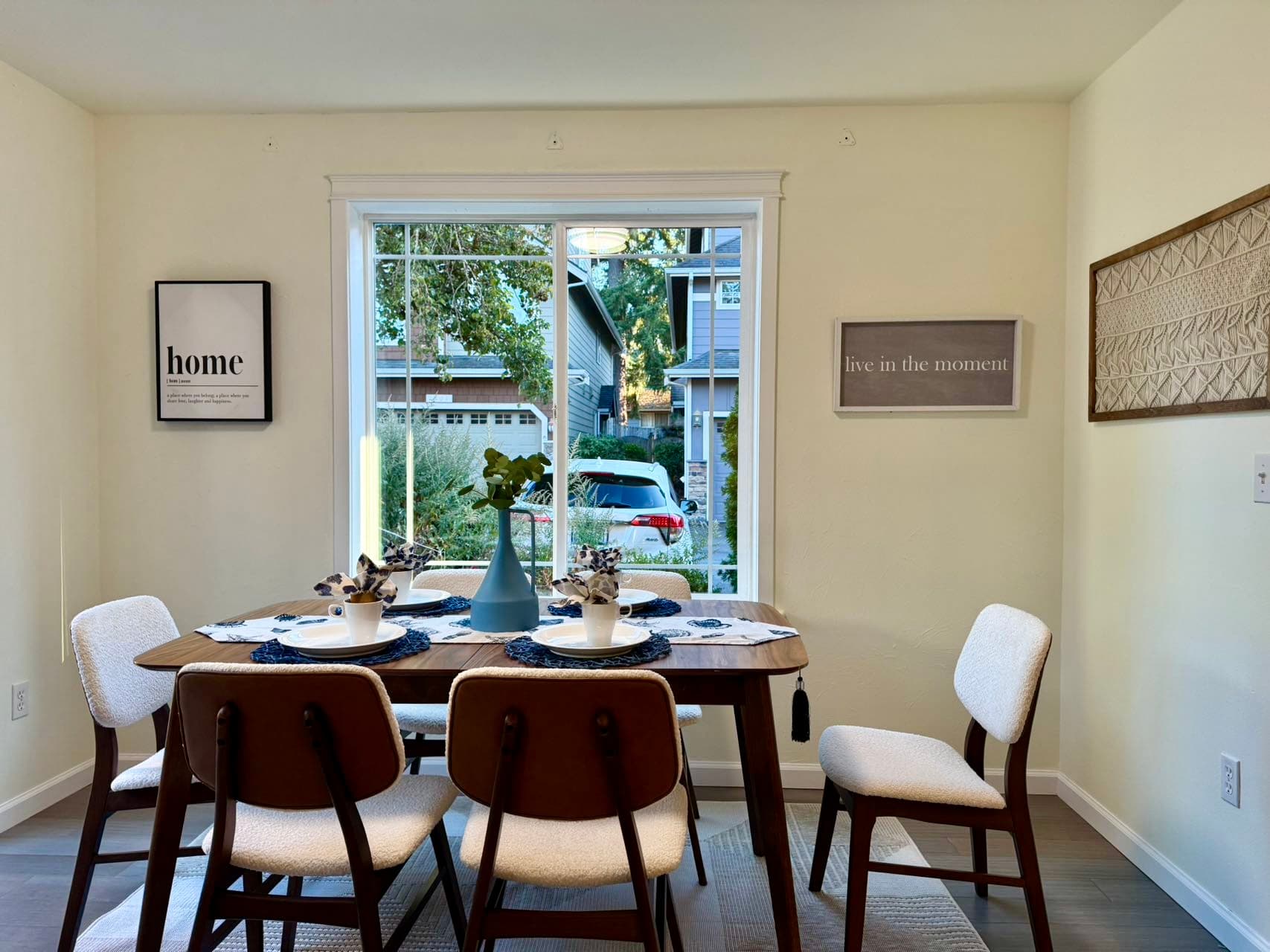 Dining Room — Walnut Table, Cream Chairs & Home Signs