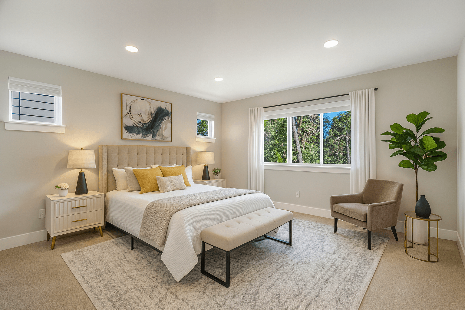 Primary Bedroom — Gray Headboard & Yellow Accents