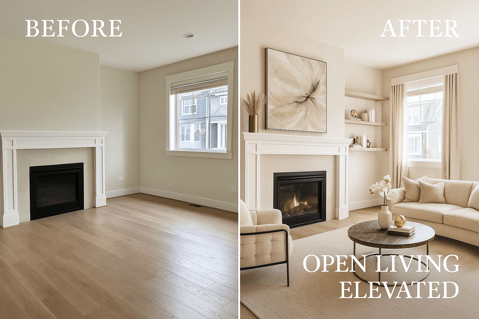 Open Living Elevated — Before & After Neutral Fireplace