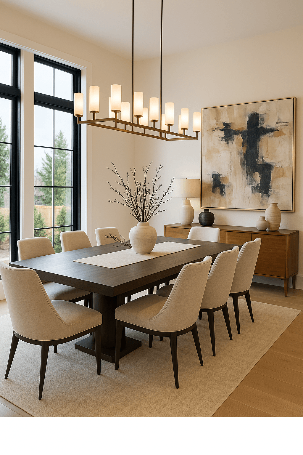 Dining Room — Dark Pedestal Table, Cream Chairs & Abstract Art