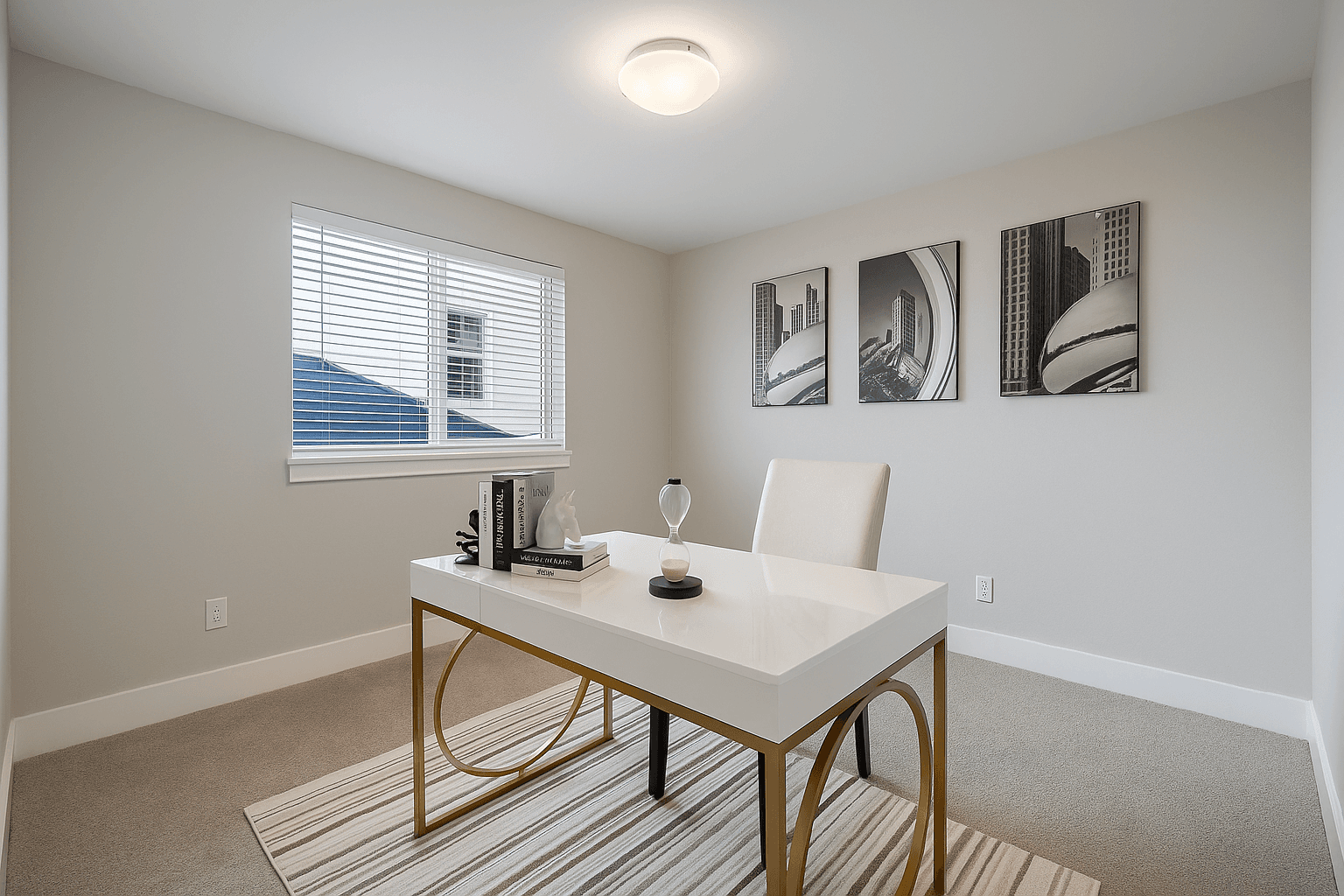 Home Office — Gold Desk & Black-and-White City Art