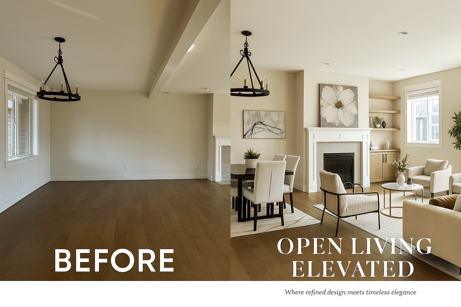 Open Living Elevated — Before & After Wide View