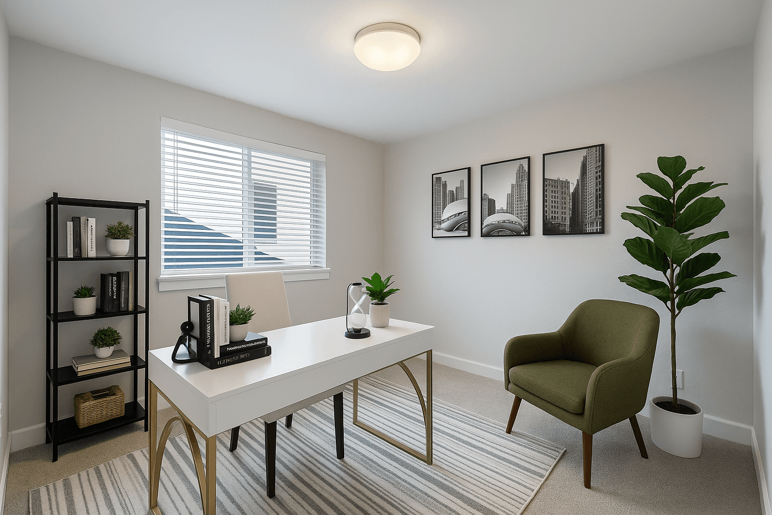 Home Office — Wood Desk & Green Accent Chair