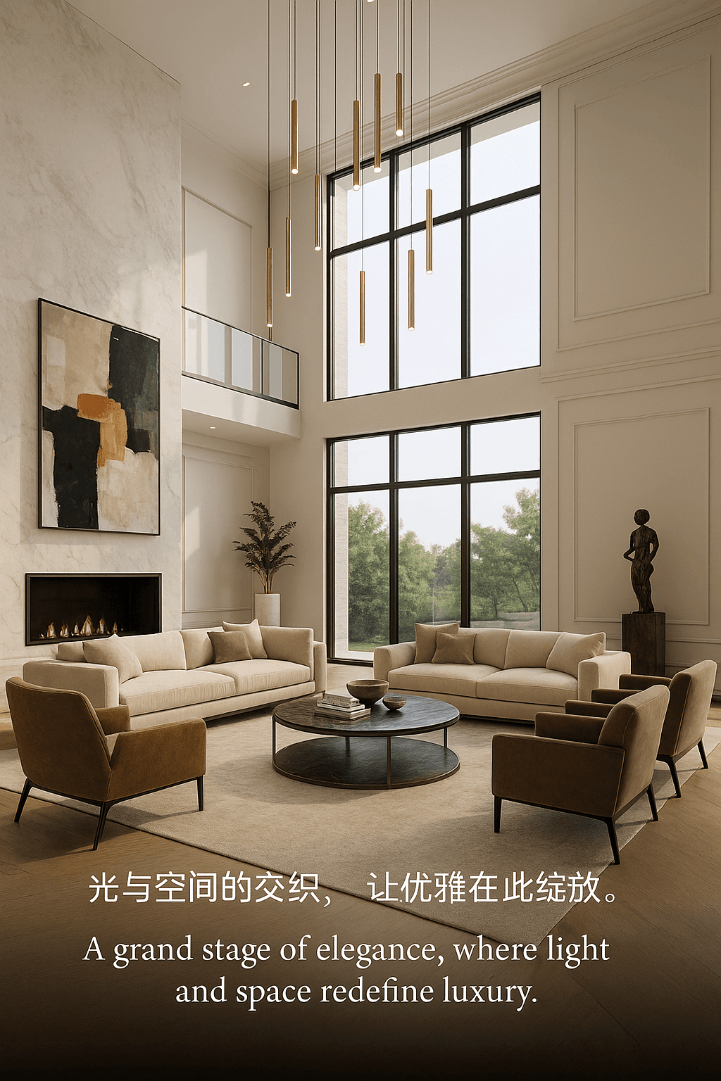 Grand Living — Two-Story Fireplace, Floor-to-Ceiling Windows & Cream Sofas