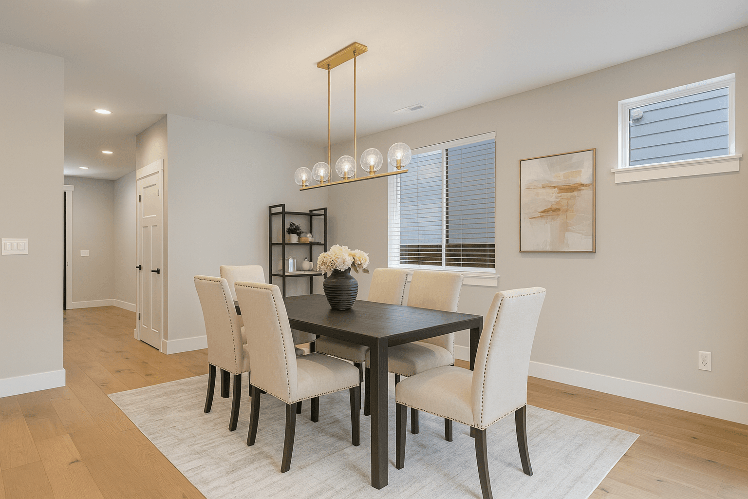 Dining Room — Dark Table, Cream Chairs & Gold Pendant