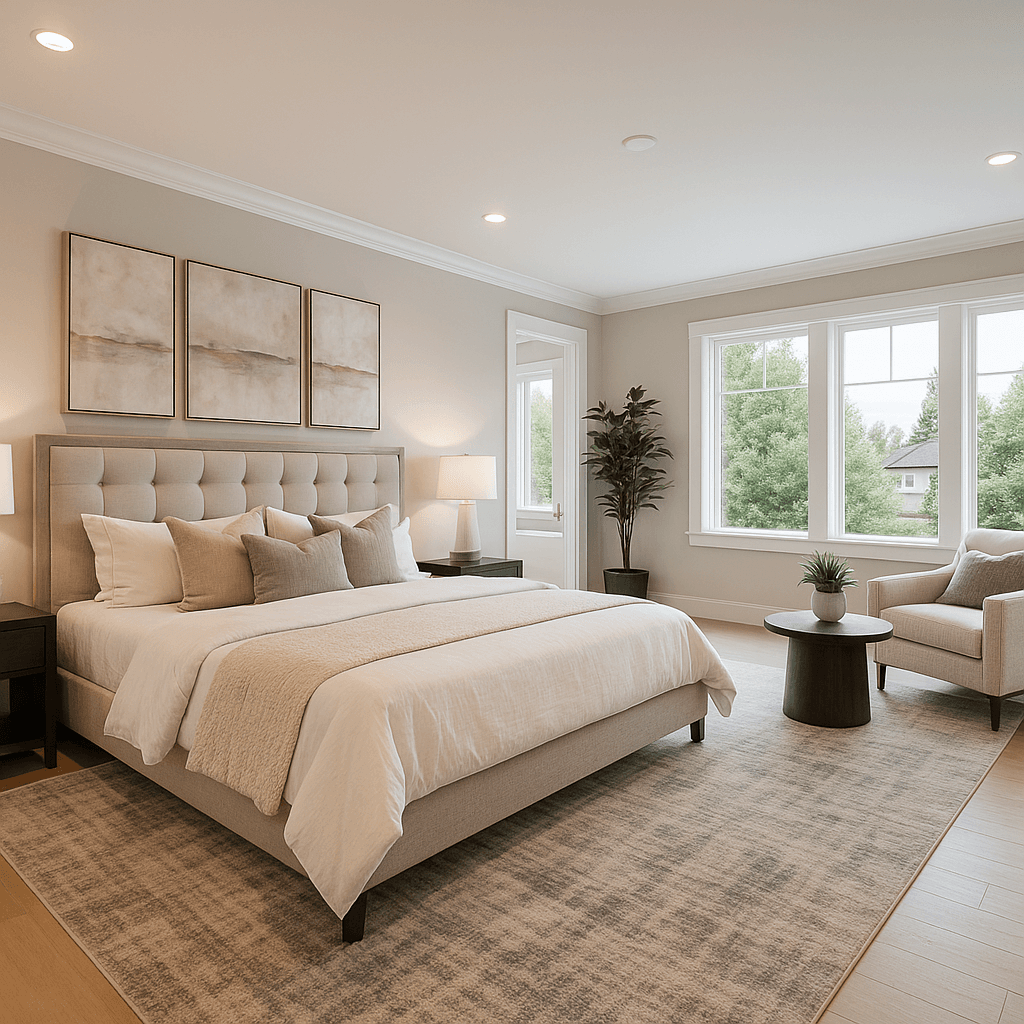 Primary Bedroom — Neutral Tufted Headboard, Cream Bedding & Dual Art