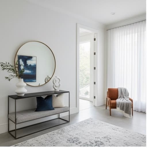 Modern Entryway — Black Console, Round Gold Mirror & Cognac Chair