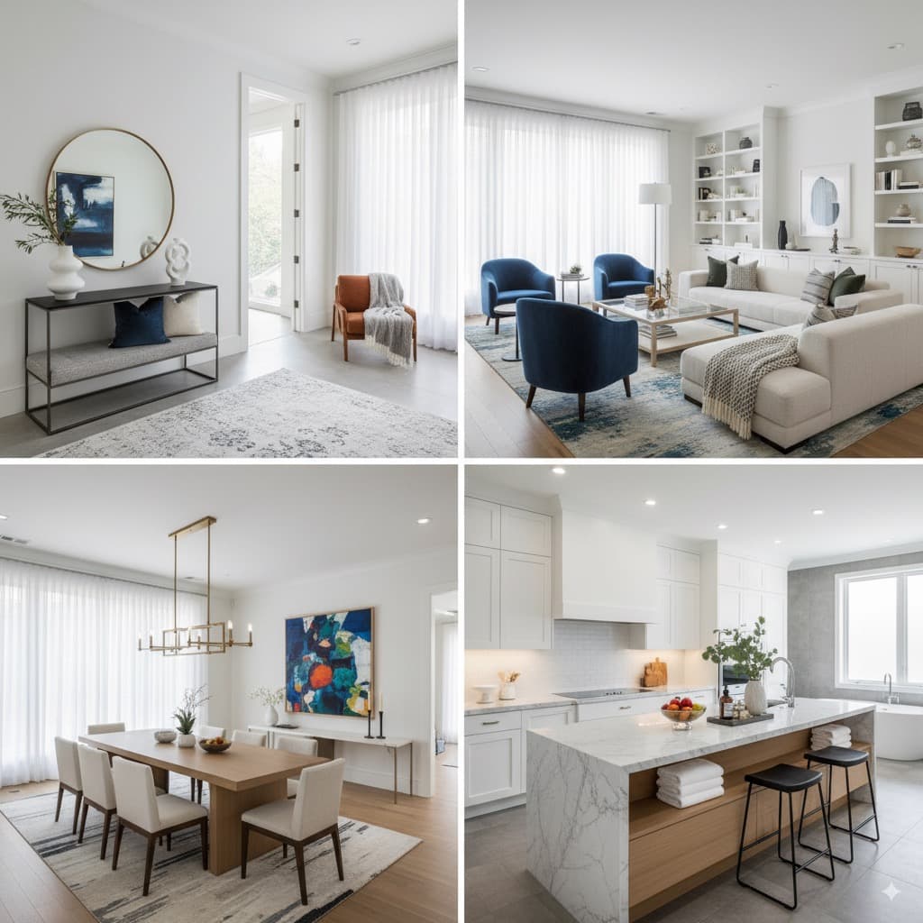 Full Home Showcase — Entryway, Living, Dining & Kitchen