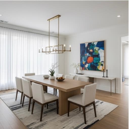 Modern Dining — Wood Table, White Chairs & Brass Linear Chandelier