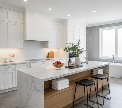 Modern Kitchen — White Cabinets, Marble Waterfall Island & Wood Barstools