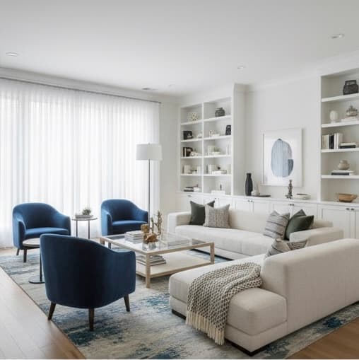 Modern Living — White Sectional, Navy Accent Chairs & Built-In Shelving
