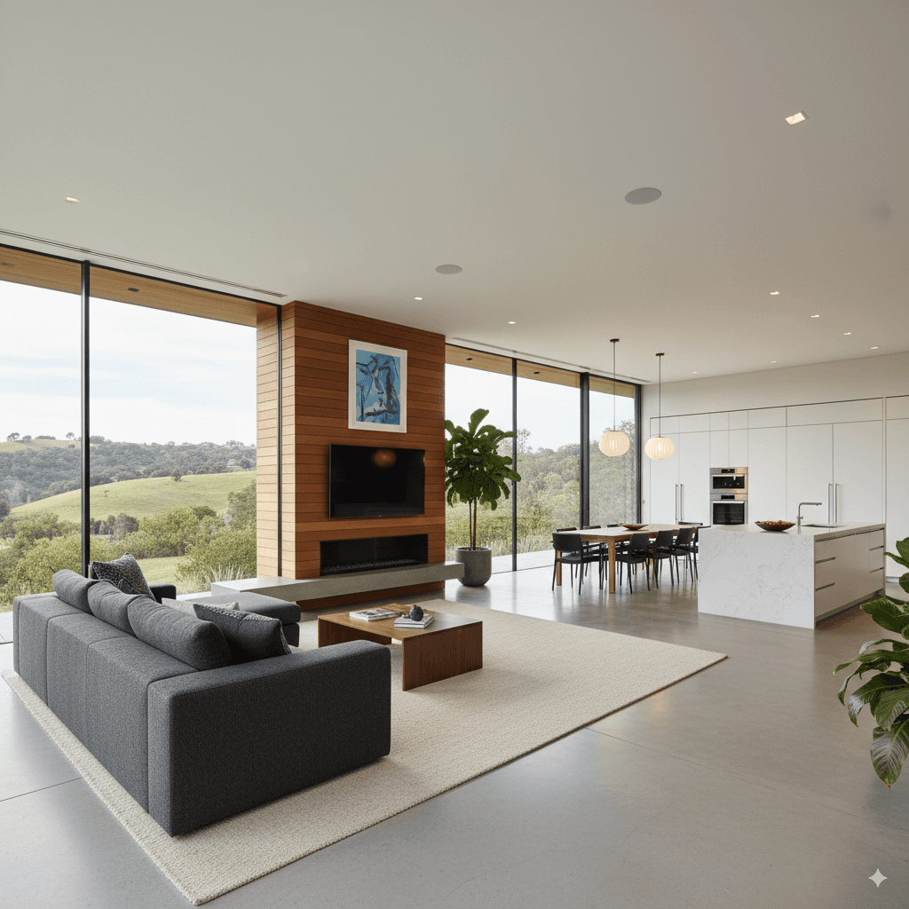 Luxury Living — Charcoal Sofa & Floor-to-Ceiling Windows