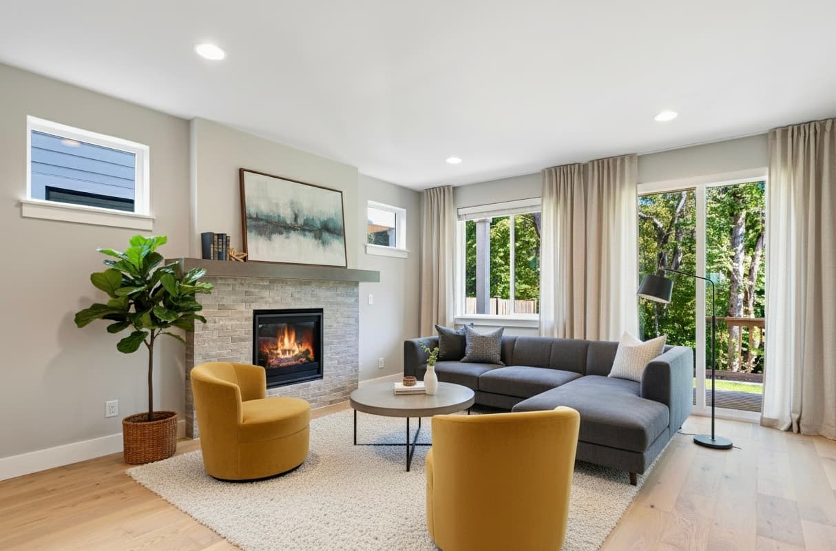 Cozy Living — Stone Fireplace & Yellow Chairs — View 2