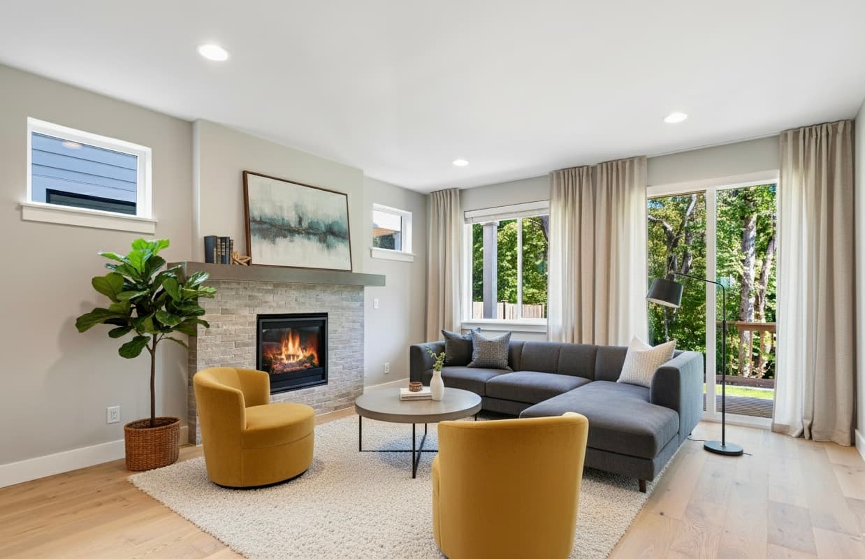 Cozy Living — Stone Fireplace & Yellow Chairs — View 1