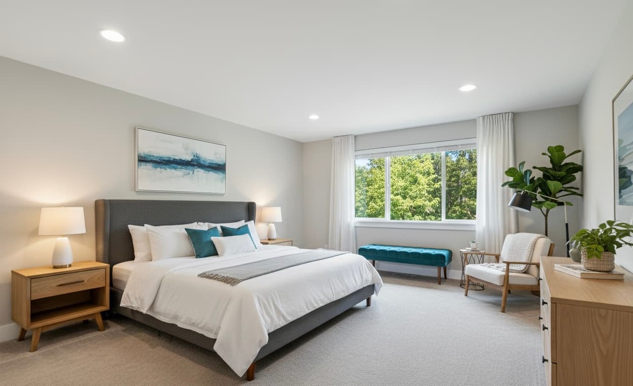 Primary Bedroom — Gray Headboard & Blue Bench