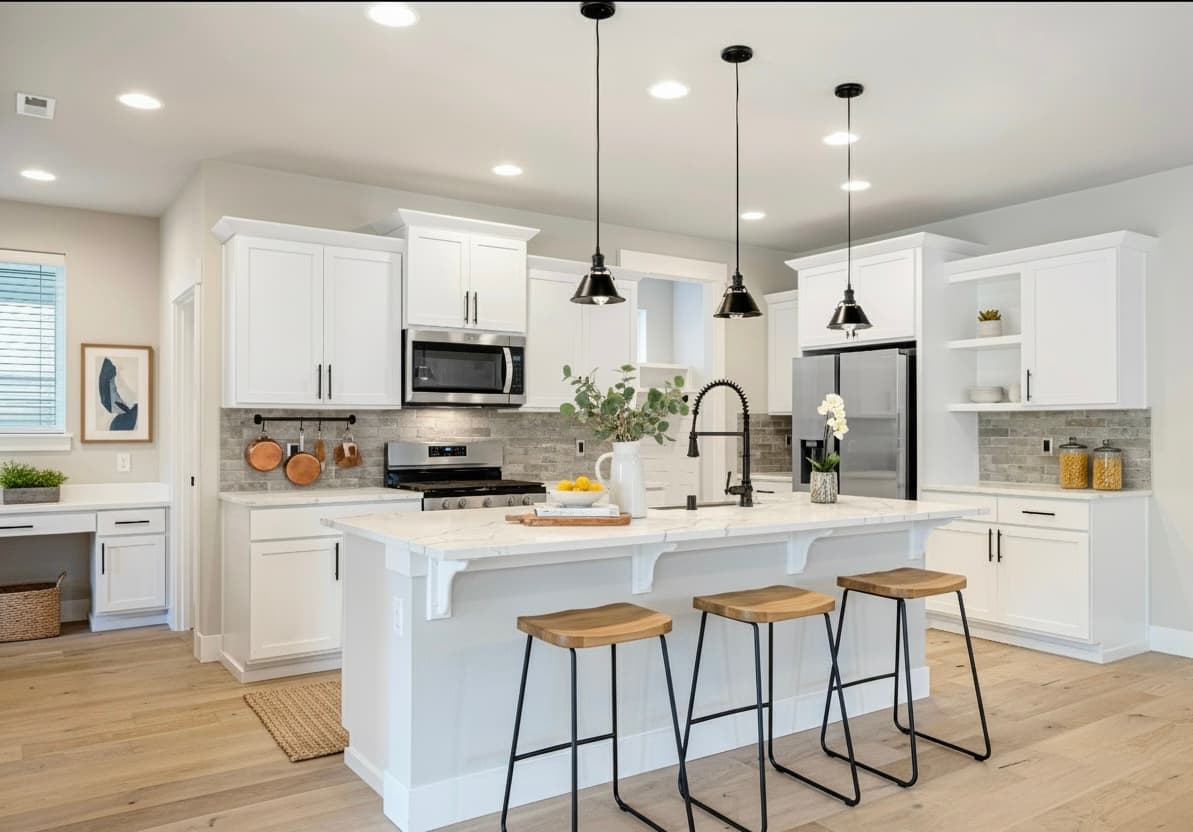 White Shaker Kitchen — Marble Island & Black Pendants