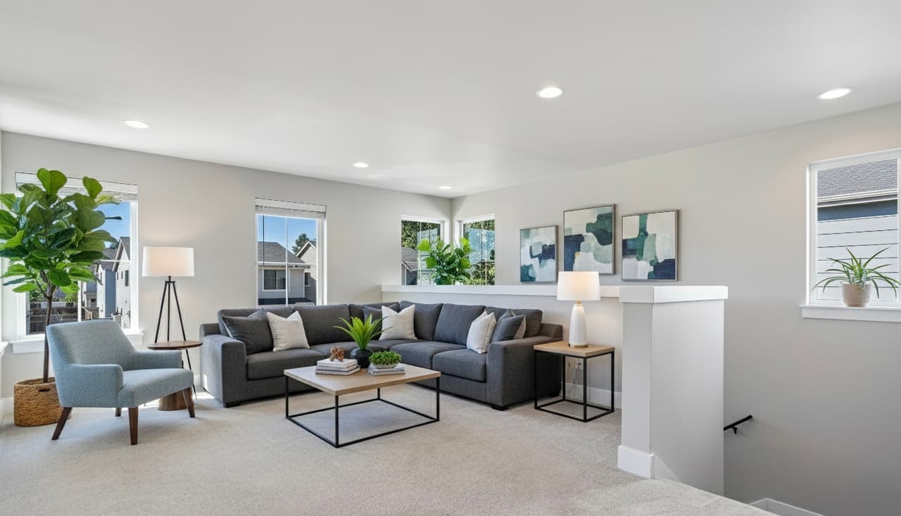 Living Room — Gray Sectional & Abstract Gallery Wall