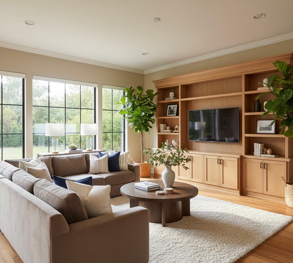 Family Room — Oak Built-Ins & Warm Earth Tones