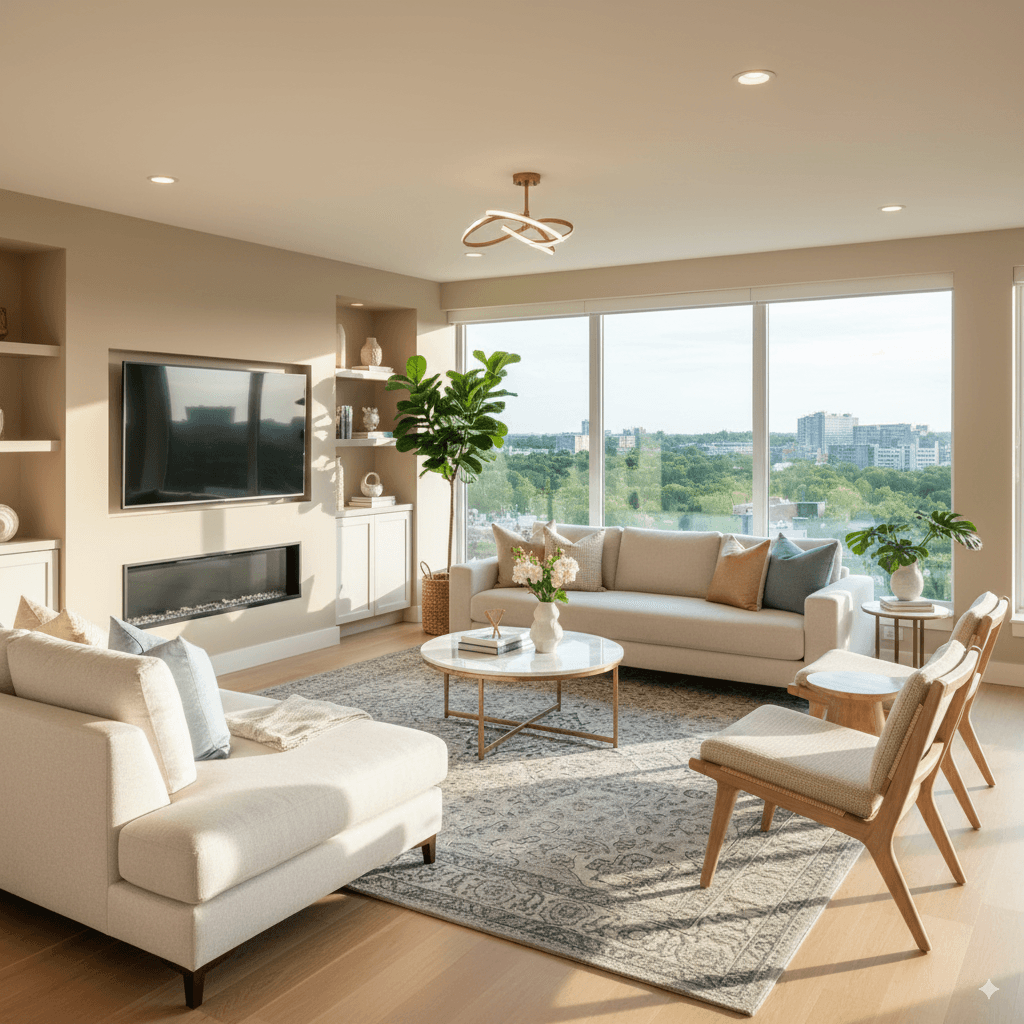 Penthouse Living — City Views & Mid-Century Chairs