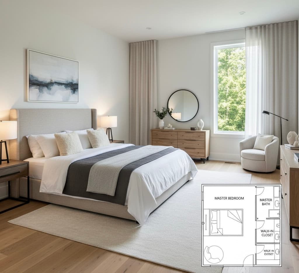 Primary Bedroom — Linen Headboard & Round Mirror