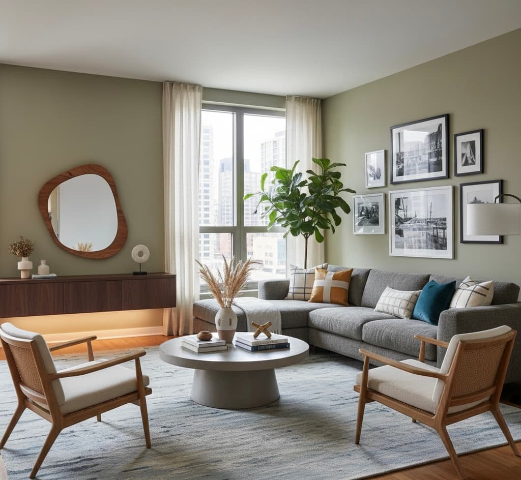 Urban Living — Sage Walls, Gallery Wall & City View