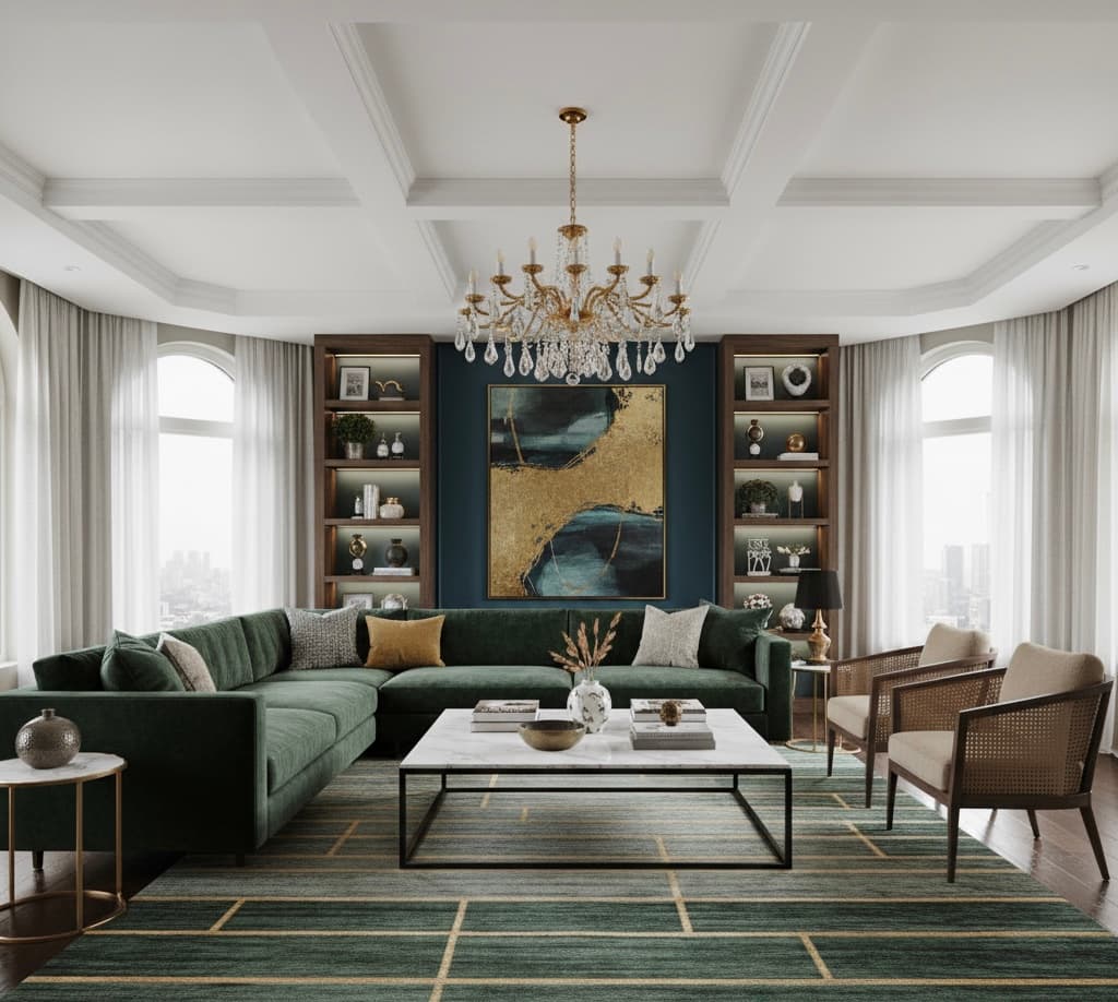 Luxury Estate — Emerald Velvet & Crystal Chandelier