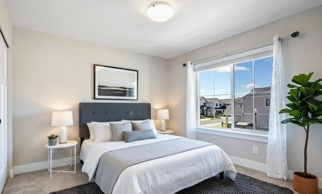 Guest Bedroom — Gray Tufted Headboard & Neighborhood View