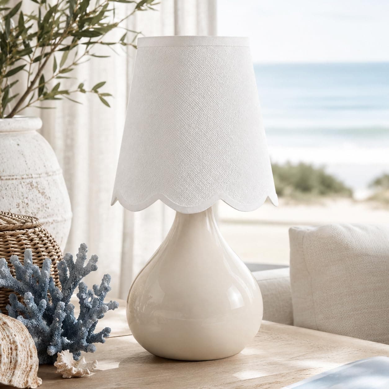 12" Beige Ceramic Plug-in Table Lamp